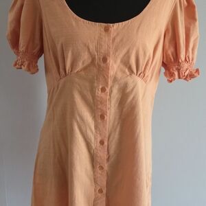 Elodie Mini Puff Sleeve Dress Orange,Size L Vacation Resort Summer Linen/Cotton